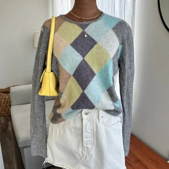 90s Vintage Valerie Stevens Wool Cashmere Rabbit Argyle Pastel Sweater Size M - Picture 7 of 7